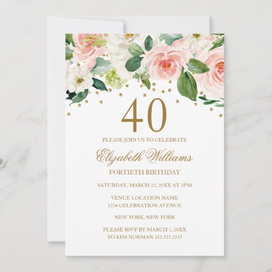 Invitation Aquarelle rose or Floral 40e anniversaire (Devant)