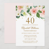Invitation Aquarelle rose or Floral 40e anniversaire (Devant / Derrière)