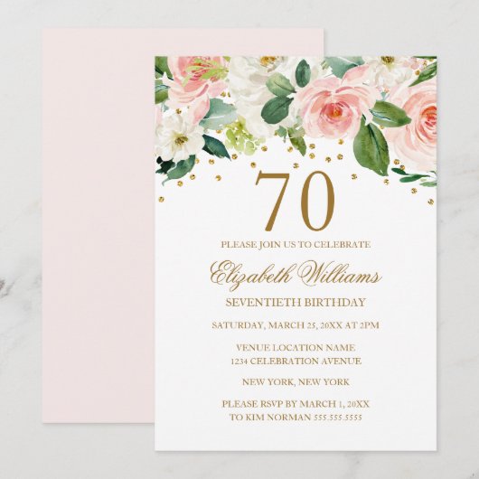 Invitation Aquarelle rose or Floral 70e anniversaire (Devant / Derrière)