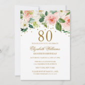 Invitation Aquarelle rose or Floral 80e anniversaire (Devant)