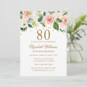 Invitation Aquarelle rose or Floral 80e anniversaire (Debout devant)
