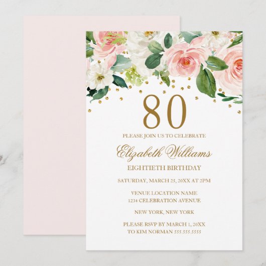 Invitation Aquarelle rose or Floral 80e anniversaire (Devant / Derrière)