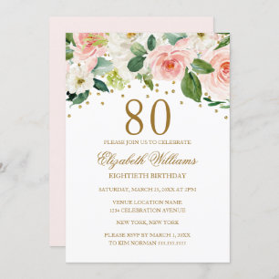 Invitation Aquarelle rose or Floral 80e anniversaire