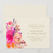 Invitation Aquarelle rose or Floral Chic Rehearer Dîner (Devant / Derrière)