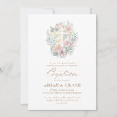 Invitation Aquarelle rose or floral élégant Croix Baptême (Devant)