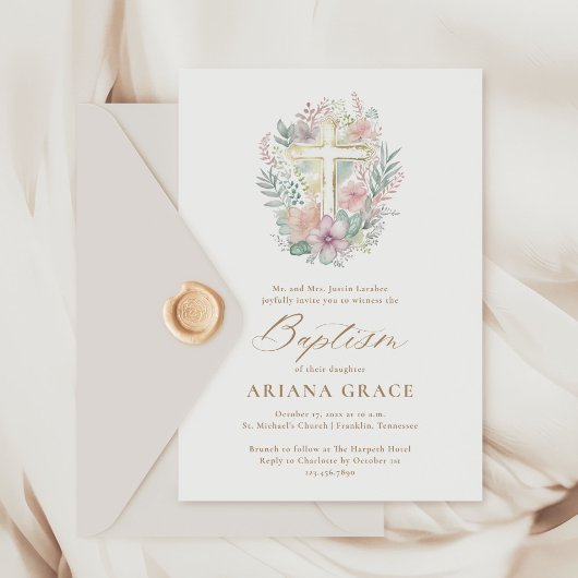 Invitation Aquarelle rose or floral élégant Croix Baptême