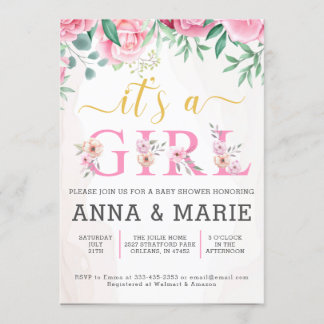 Invitation Aquarelle rose or Floral Girl Baby shower