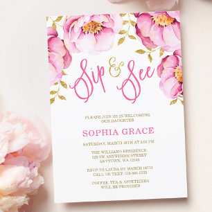 Invitation Aquarelle rose or Floral Sip et voir l'invitation