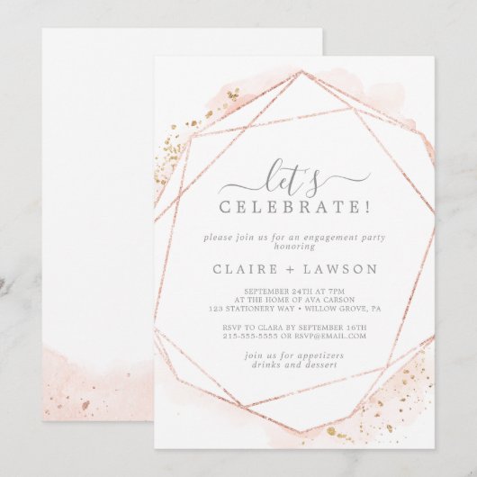 Invitation Aquarelle rose or Géométrique Fêtons (Devant / Derrière)