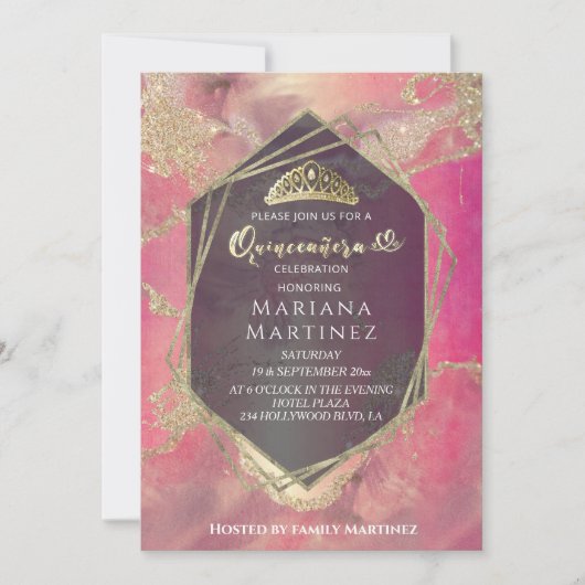 Invitation Aquarelle rose or géométrique Quinceañera (Devant)
