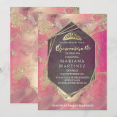 Invitation Aquarelle rose or géométrique Quinceañera (Devant / Derrière)
