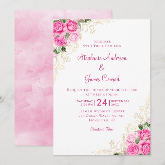 Invitation Aquarelle rose or Mariage Floral (Devant / Derrière)