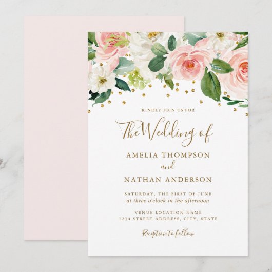 Invitation Aquarelle rose or Mariage Floral (Devant / Derrière)