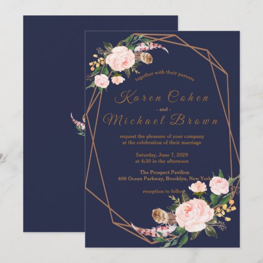 Invitation Aquarelle rose or Marine Boho Chic Floral Mariage (Devant / Derrière)