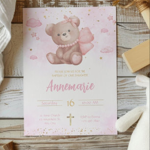 Invitation Aquarelle rose or mignon ours en peluche Christine