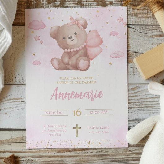 Invitation Aquarelle rose or mignon ours en peluche Christine