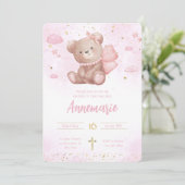 Invitation Aquarelle rose or mignon ours en peluche Christine (Debout devant)