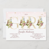 Invitation Aquarelle Rose or Parties scintillant bébé fille d (Devant)