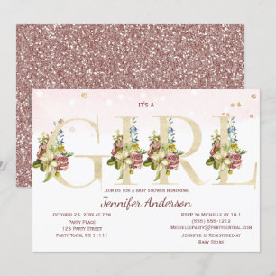Invitation Aquarelle Rose or Parties scintillant bébé fille d