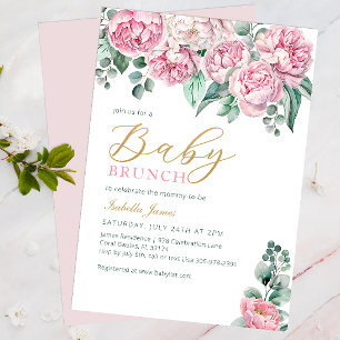 Invitation Aquarelle rose or Peony Eucalyptus Baby shower