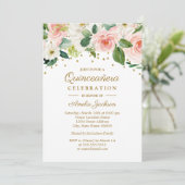 Invitation Aquarelle rose or Quinceanera florale 15e (Debout devant)