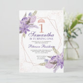 Invitation Aquarelle rose or tiara florale 1er anniversaire (Debout devant)