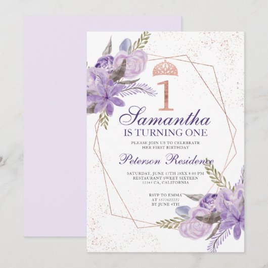 Invitation Aquarelle rose or tiara florale 1er anniversaire (Devant / Derrière)