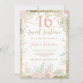 Invitation Aquarelle rose or vert floral Sweet 16 photo (Devant)
