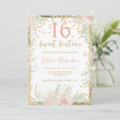 Invitation Aquarelle rose or vert floral Sweet 16 photo (Debout devant)
