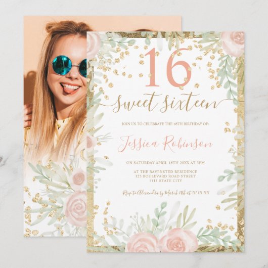 Invitation Aquarelle rose or vert floral Sweet 16 photo (Devant / Derrière)