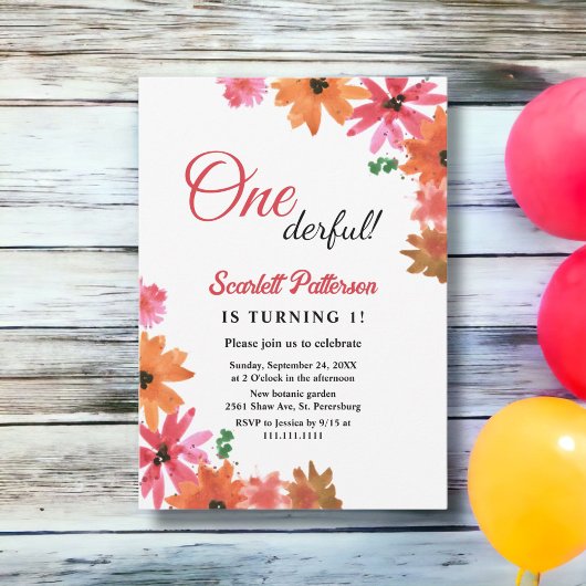 Invitation Aquarelle rose Orange Automne Floral 1er anniversa