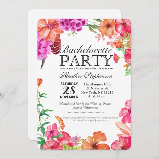 Invitation Aquarelle rose orange Jardin Bachelorette (Devant / Derrière)