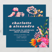 Invitation Aquarelle rose orange marine Fleurs Mariage Décont (Devant / Derrière)