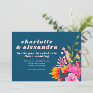 Invitation Aquarelle rose orange marine Fleurs Mariage Décont