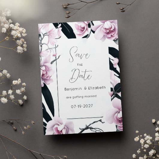Invitation Aquarelle rose orchidée noire fleurs Enregistrer l