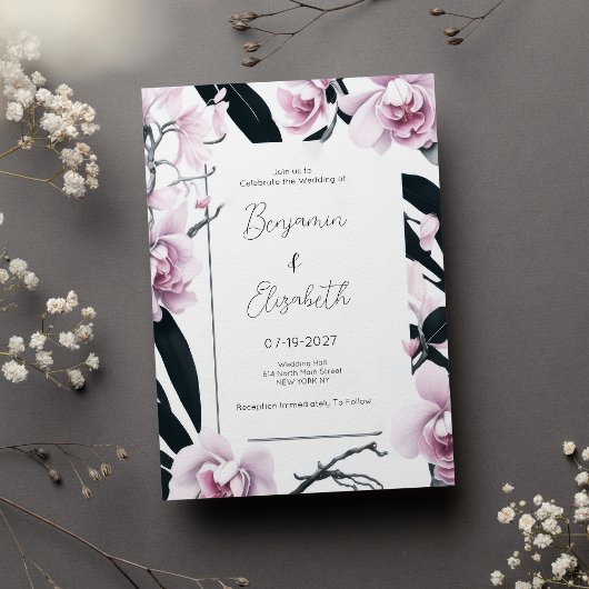 Invitation Aquarelle rose orchidée noire fleurs Mariage