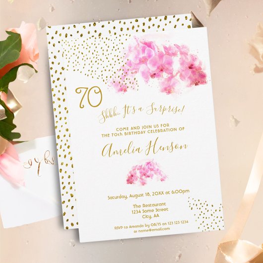 Invitation Aquarelle rose orchidée Parties scintillant or 70e