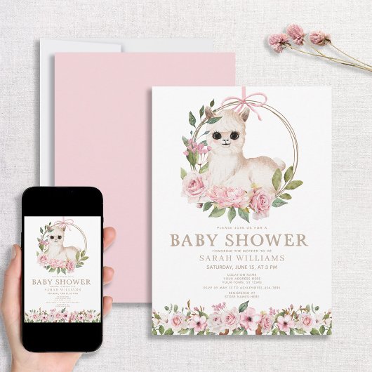 Invitation Aquarelle rose pâle Baby shower de lama florale