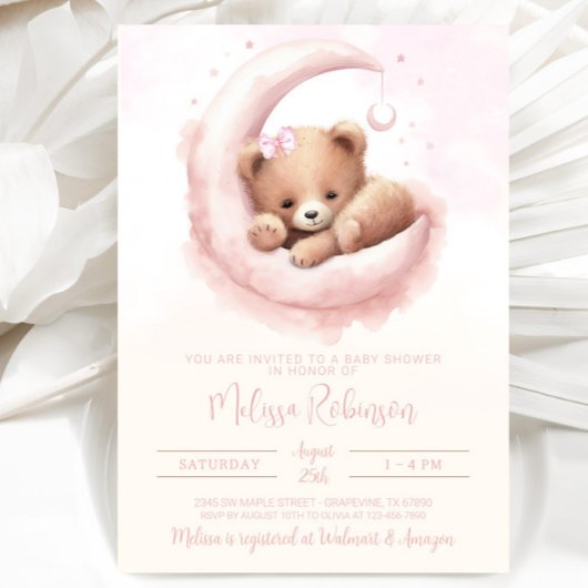 Invitation Aquarelle rose pâle Baby shower fille ours