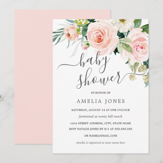 Invitation Aquarelle rose pâle Baby shower floral (Devant / Derrière)