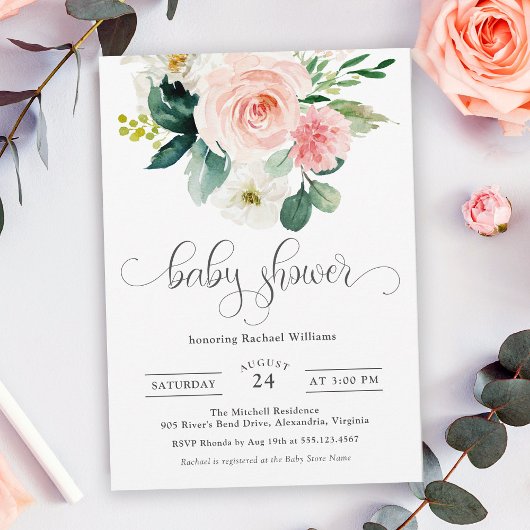 Invitation Aquarelle rose pâle Baby shower Floral