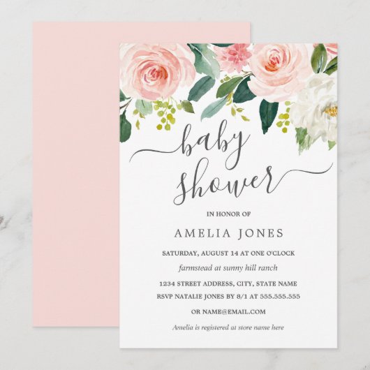 Invitation Aquarelle rose pâle Baby shower Floral (Devant / Derrière)