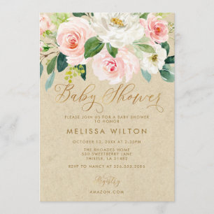 Invitation Aquarelle rose pâle Baby shower Kraft Floral