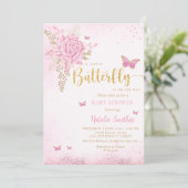Invitation Aquarelle rose pâle Baby shower papillon fille (Debout devant)