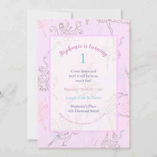 Invitation Aquarelle rose pâle Ballerina Or Nom géométrique (Dos)