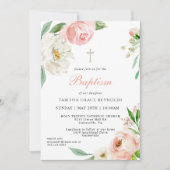 Invitation Aquarelle rose pâle Baptême de bébé floral (Devant)