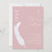Invitation Aquarelle rose pâle blanc de la plume Croix Baptêm (Devant)