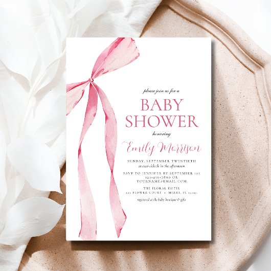Invitation Aquarelle rose pâle Bow Girl Baby shower