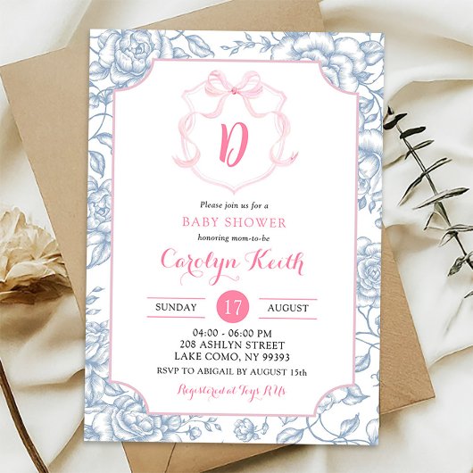 Invitation Aquarelle rose pâle Bow Grandmillenial Douche