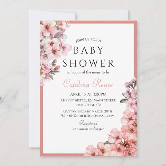 Invitation Aquarelle rose pâle Cherry Blossom Élégant (Devant)